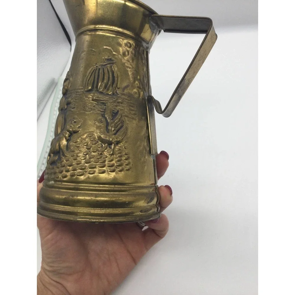 Vintage 8” brass pitcher windmill England dog‎ sailboat chicken street country